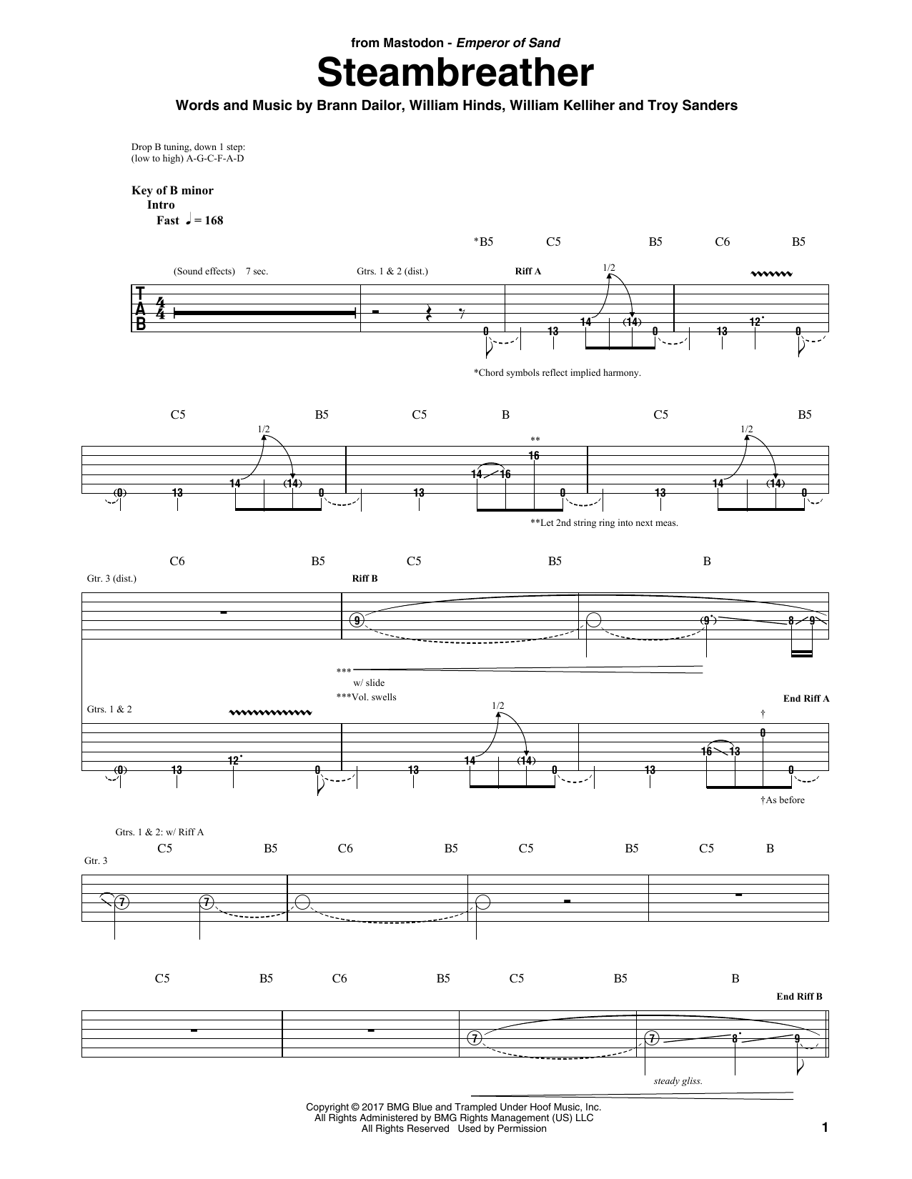 Mastodon Steambreather sheet music notes and chords arranged for Guitar Rhythm Tab