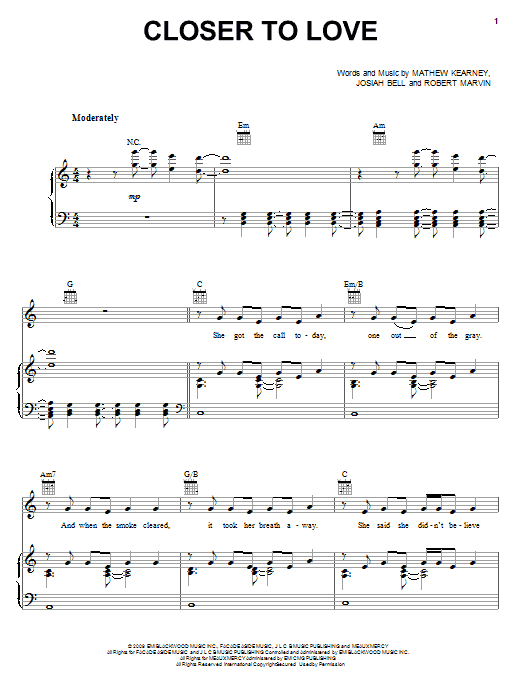 Mat Kearney Closer To Love sheet music notes and chords arranged for Piano, Vocal & Guitar Chords (Right-Hand Melody)