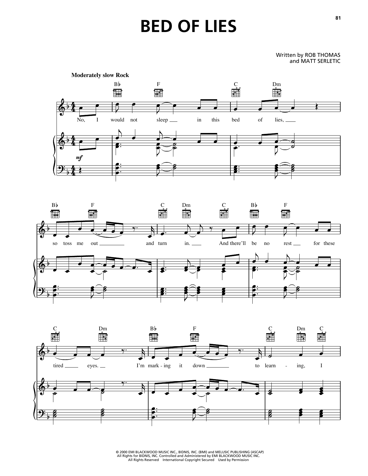 Matchbox Twenty Bed Of Lies sheet music notes and chords arranged for Piano, Vocal & Guitar Chords (Right-Hand Melody)