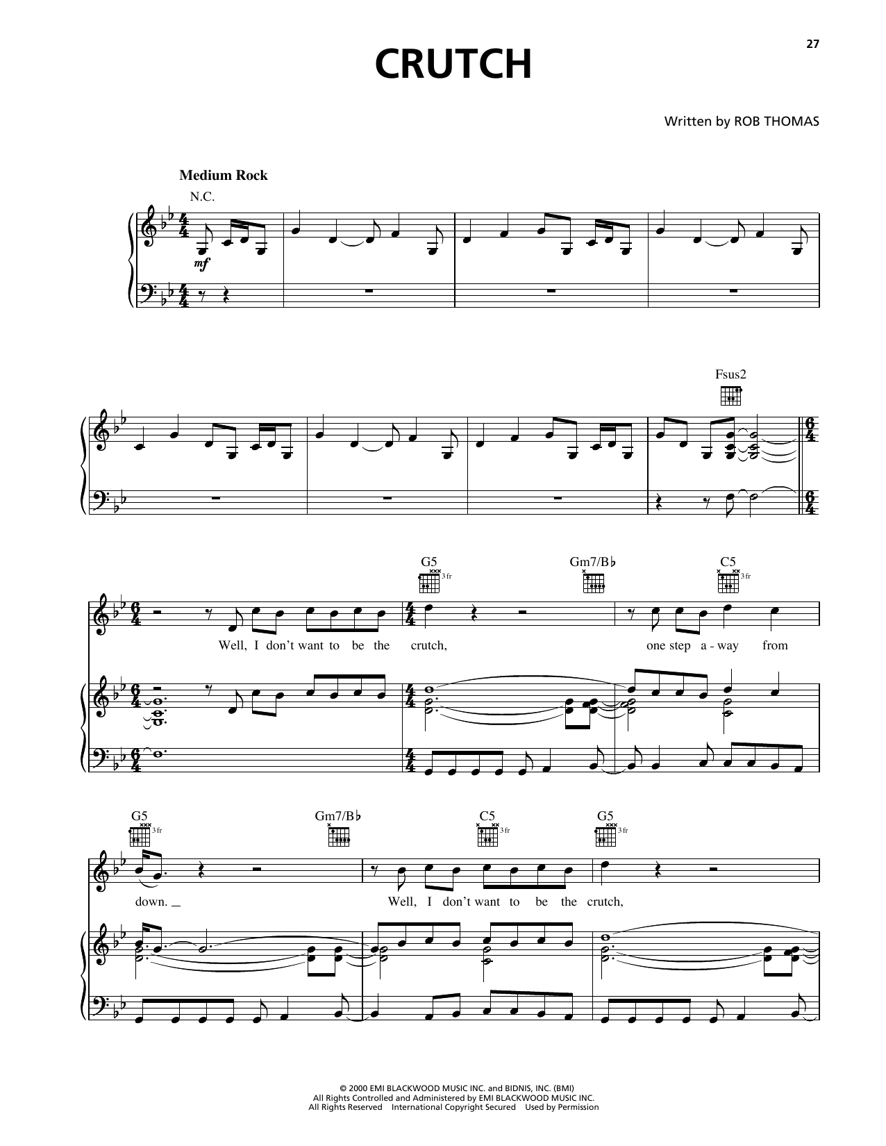 Matchbox Twenty Crutch sheet music notes and chords arranged for Piano, Vocal & Guitar Chords (Right-Hand Melody)