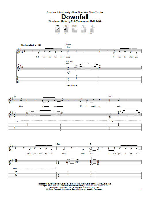 Matchbox Twenty Downfall sheet music notes and chords arranged for Guitar Tab