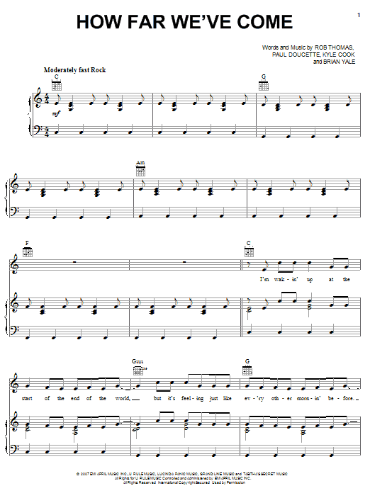 Matchbox Twenty How Far We've Come sheet music notes and chords arranged for Piano, Vocal & Guitar Chords (Right-Hand Melody)