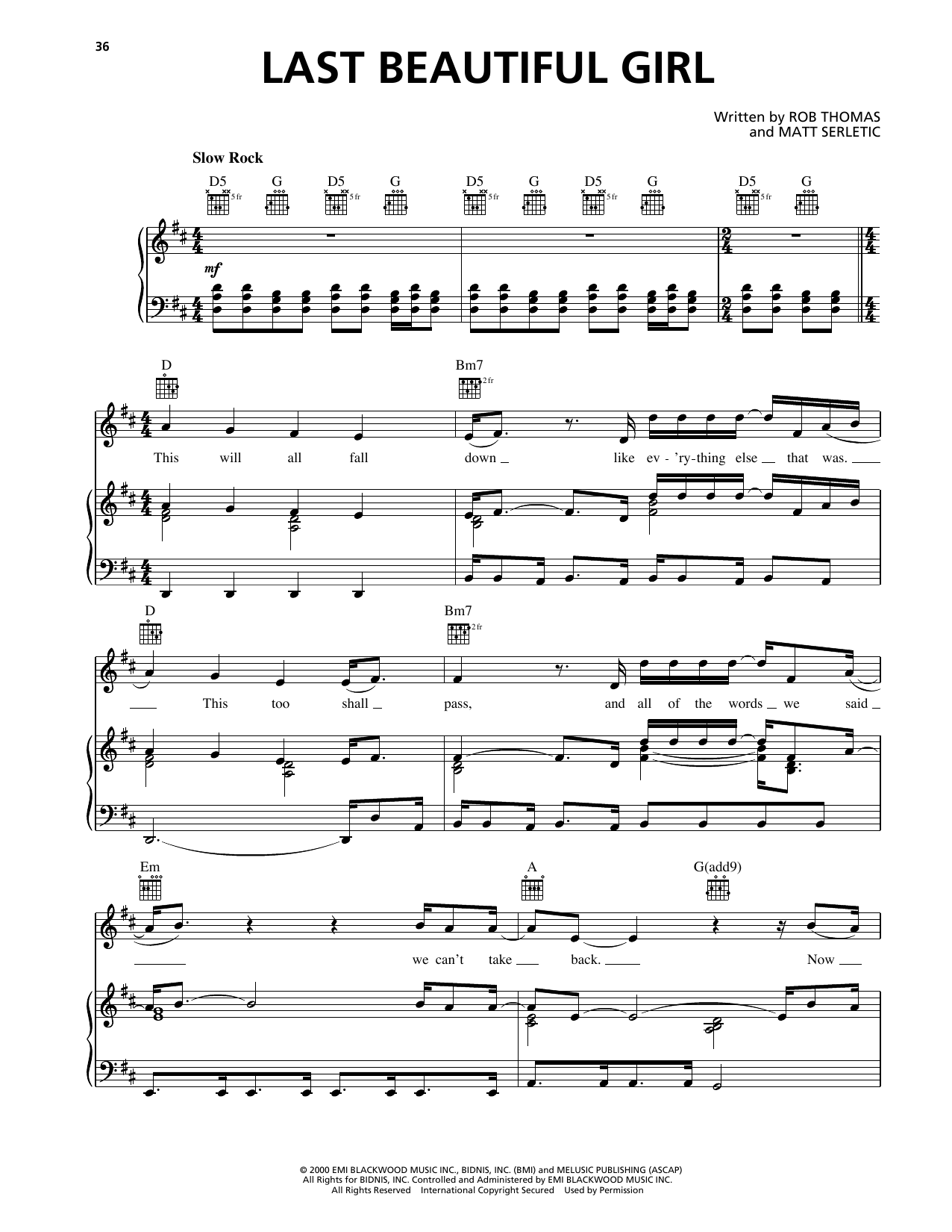 Matchbox Twenty Last Beautiful Girl sheet music notes and chords arranged for Piano, Vocal & Guitar Chords (Right-Hand Melody)