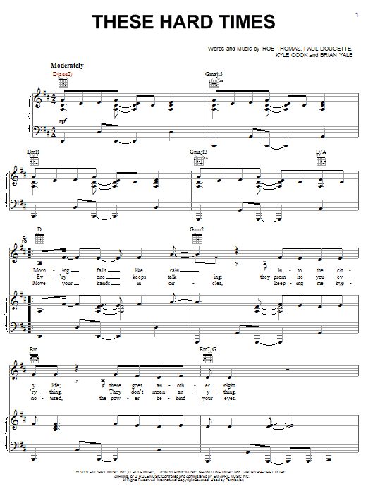Matchbox Twenty These Hard Times sheet music notes and chords arranged for Piano, Vocal & Guitar Chords (Right-Hand Melody)