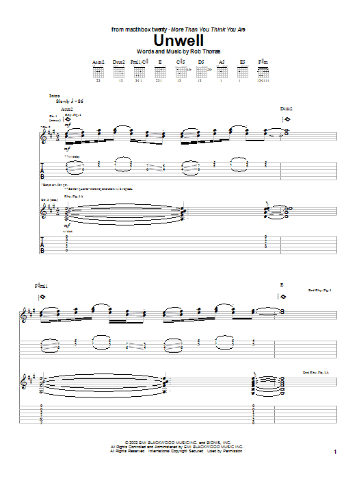 Matchbox Twenty Unwell sheet music notes and chords arranged for Piano, Vocal & Guitar Chords (Right-Hand Melody)