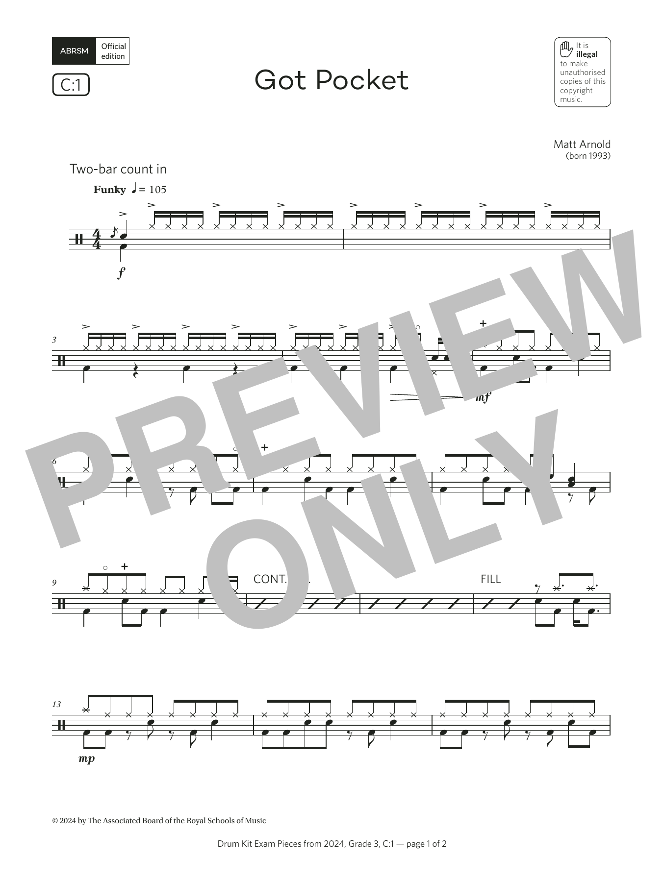 Matt Arnold Got Pocket (Grade 3, list C1, from the ABRSM Drum Kit Syllabus 2024) sheet music notes and chords arranged for Drums