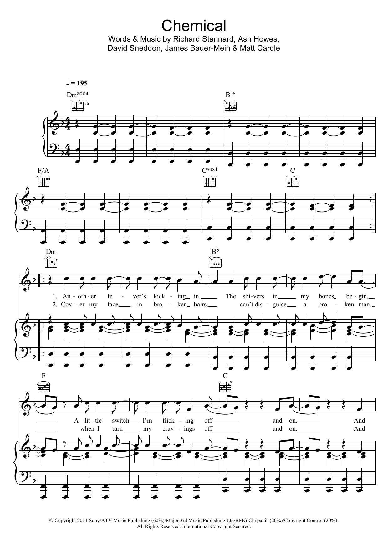 Matt Cardle Chemical sheet music notes and chords arranged for Piano, Vocal & Guitar Chords