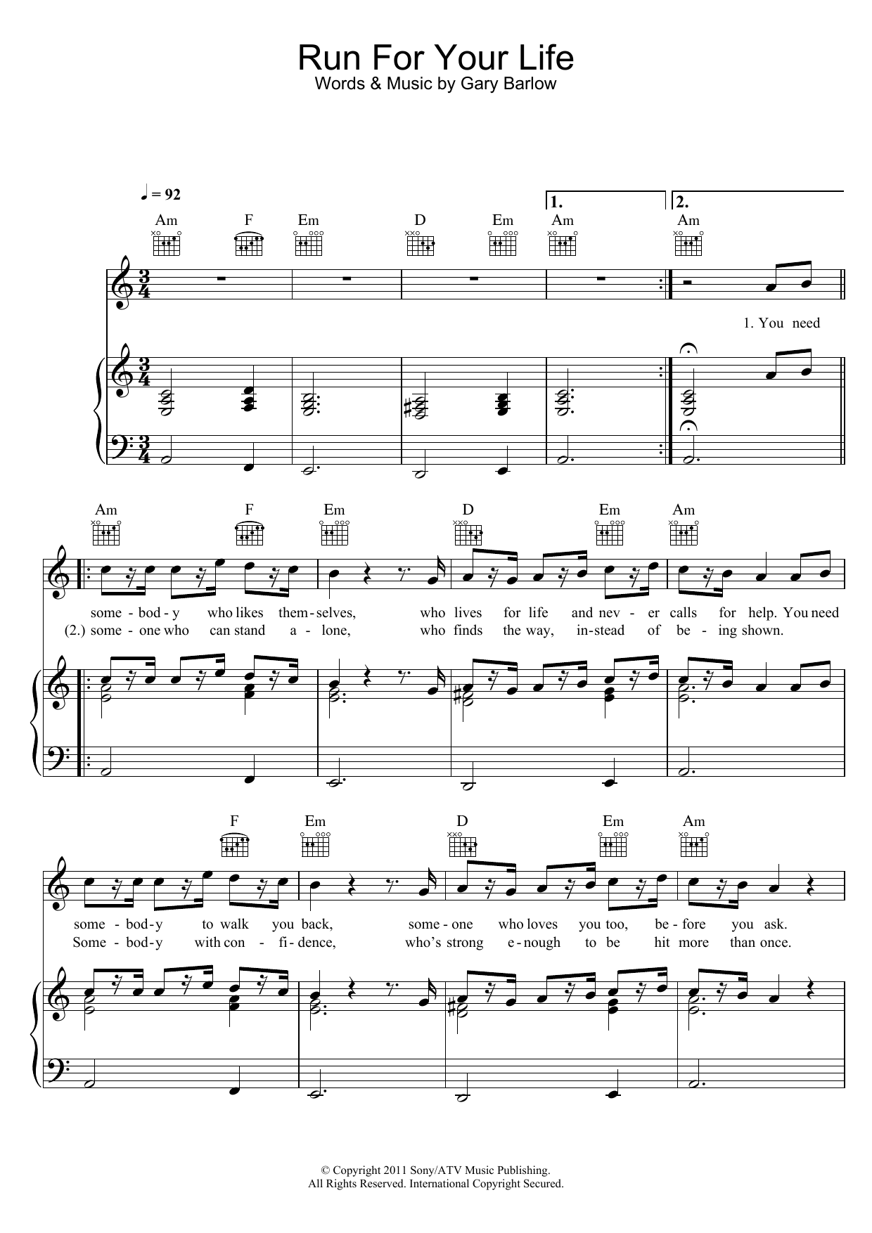 Matt Cardle Run For Your Life sheet music notes and chords arranged for Piano, Vocal & Guitar Chords