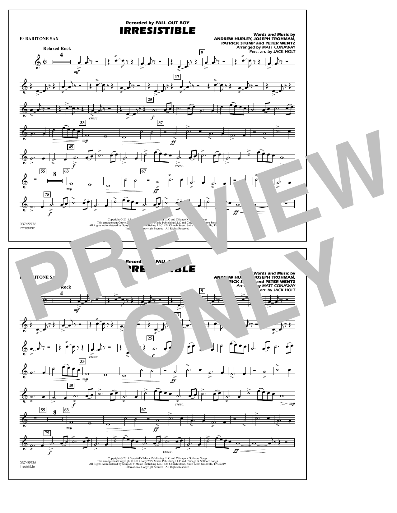 Matt Conaway Irresistible - Eb Baritone Sax sheet music notes and chords arranged for Marching Band