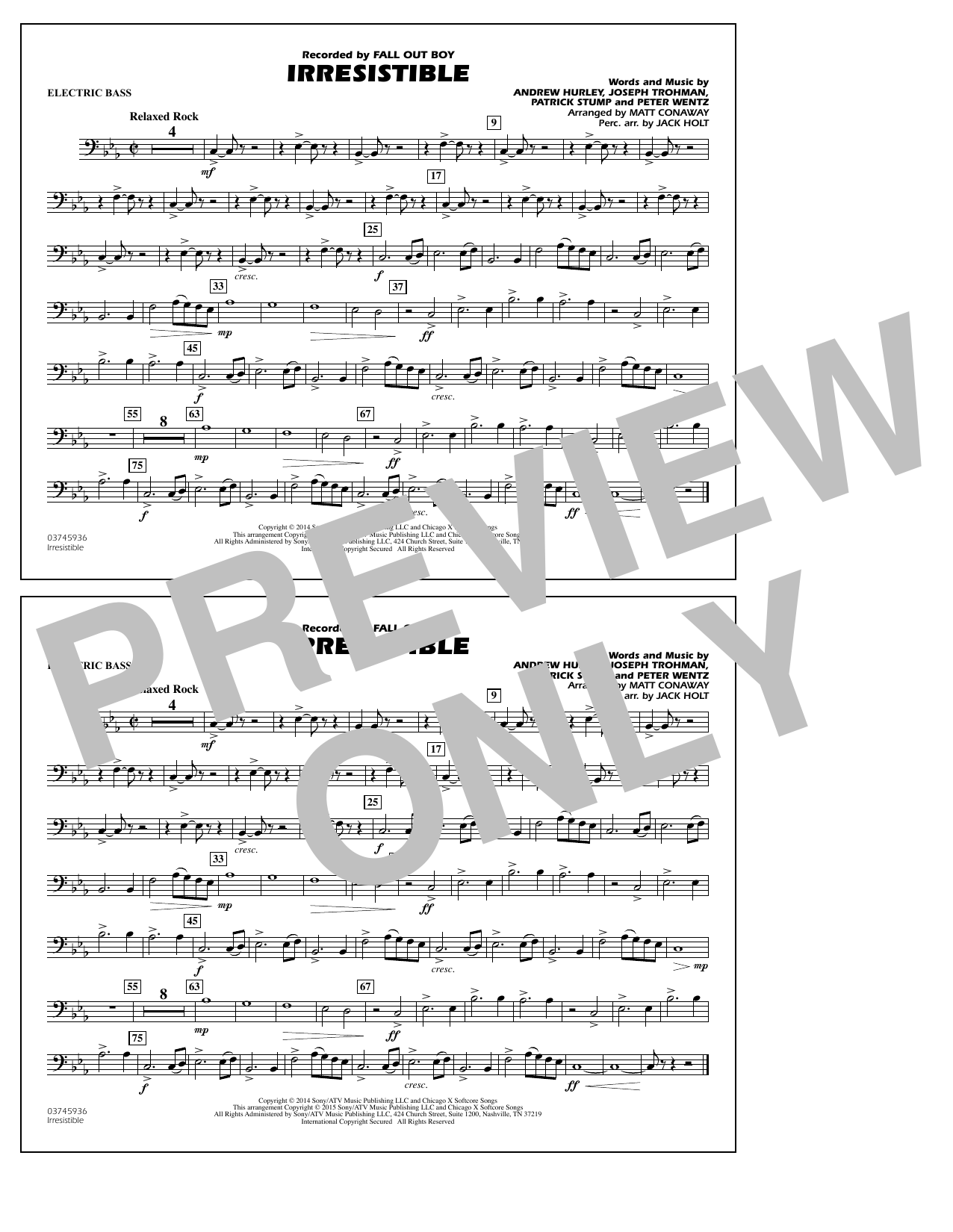 Matt Conaway Irresistible - Electric Bass sheet music notes and chords arranged for Marching Band