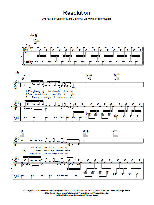Matt Corby Resolution sheet music notes and chords arranged for Piano, Vocal & Guitar Chords