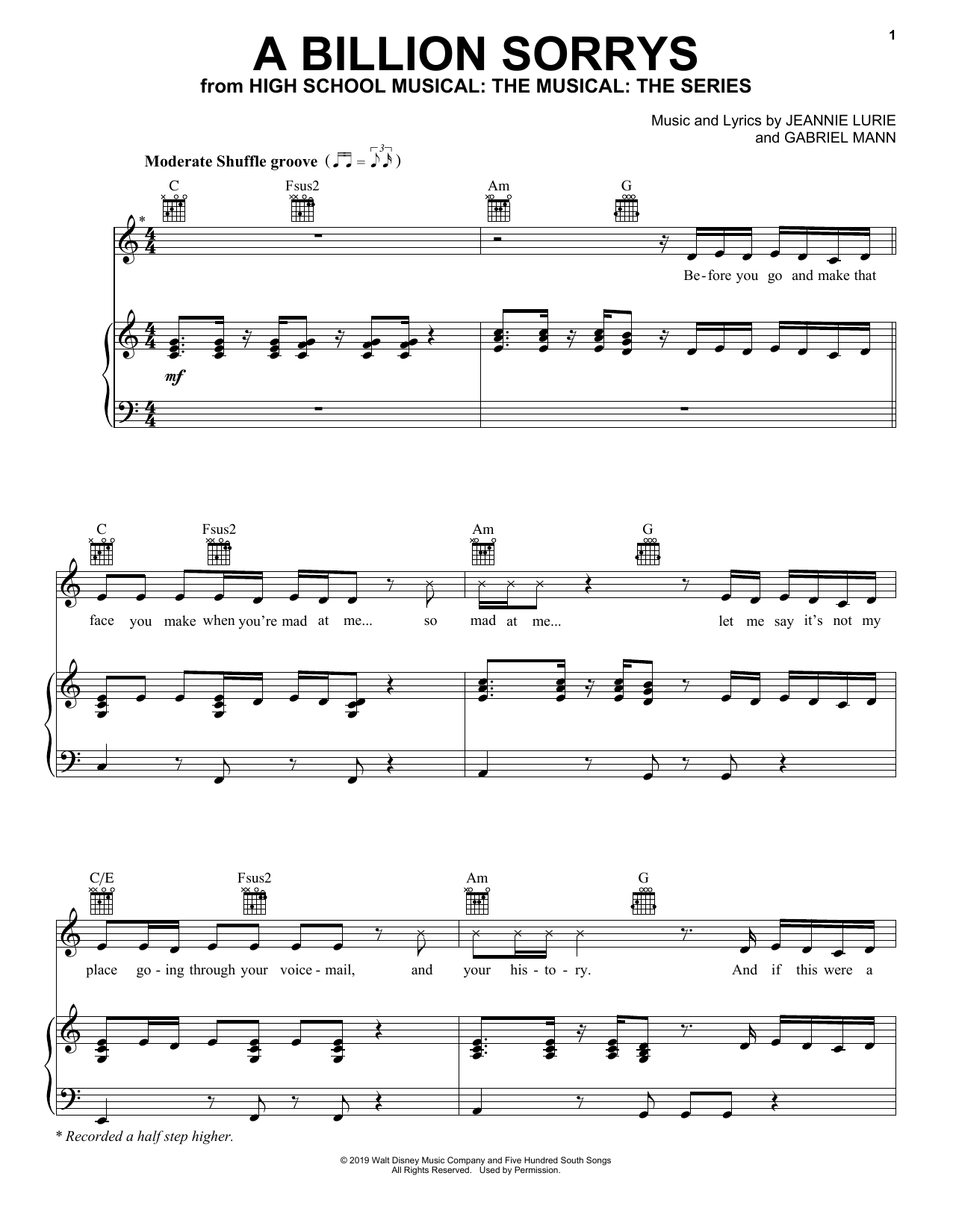Matt Cornett A Billion Sorrys (from High School Musical: The Musical: The Series) sheet music notes and chords arranged for Piano, Vocal & Guitar Chords (Right-Hand Melody)