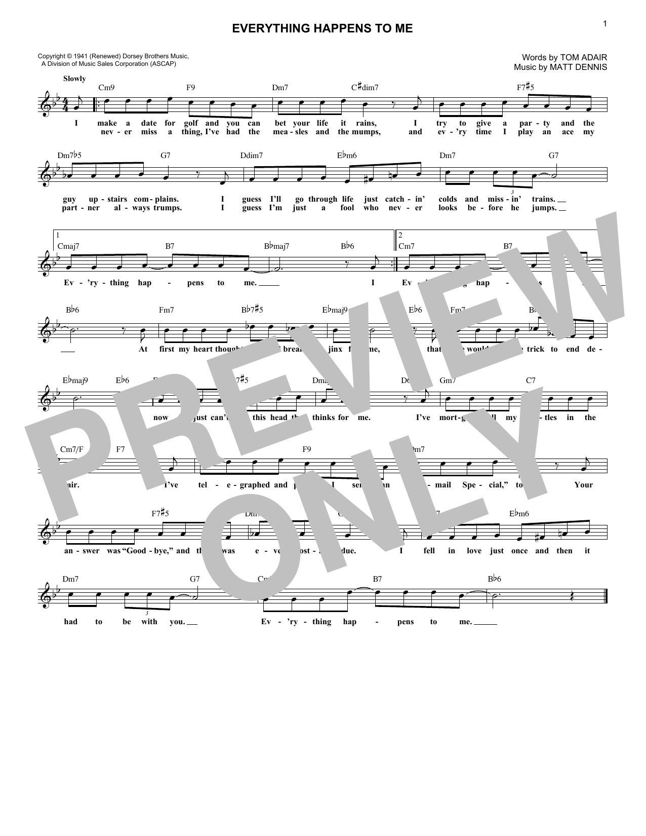 Matt Dennis Everything Happens To Me sheet music notes and chords arranged for Lead Sheet / Fake Book