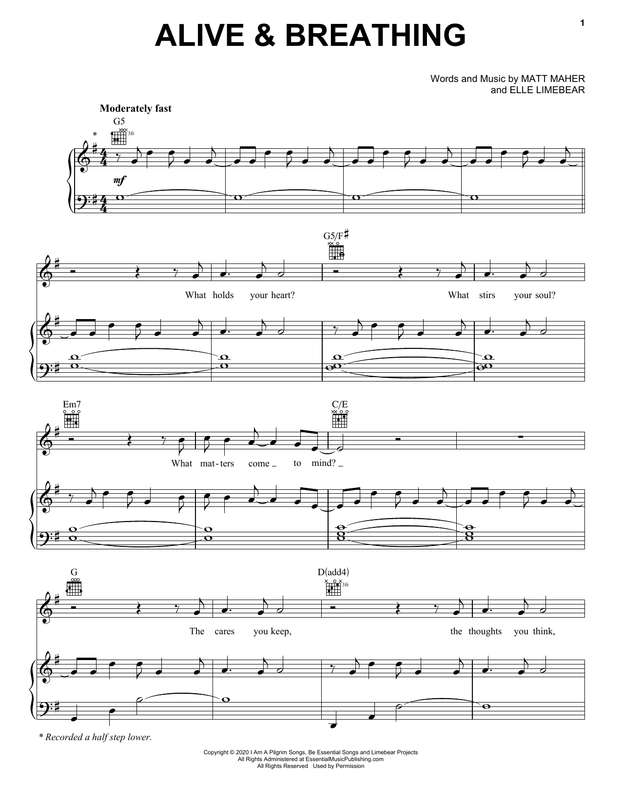 Matt Maher Alive & Breathing (feat. Elle Limebear) sheet music notes and chords arranged for Piano, Vocal & Guitar Chords (Right-Hand Melody)
