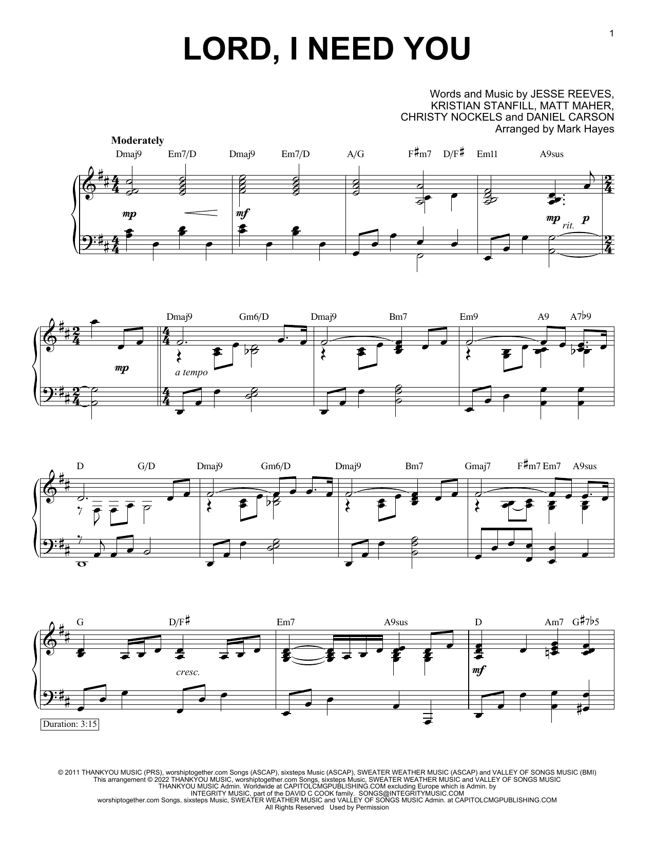 Matt Maher Lord, I Need You (arr. Mark Hayes) sheet music notes and chords arranged for Piano Solo