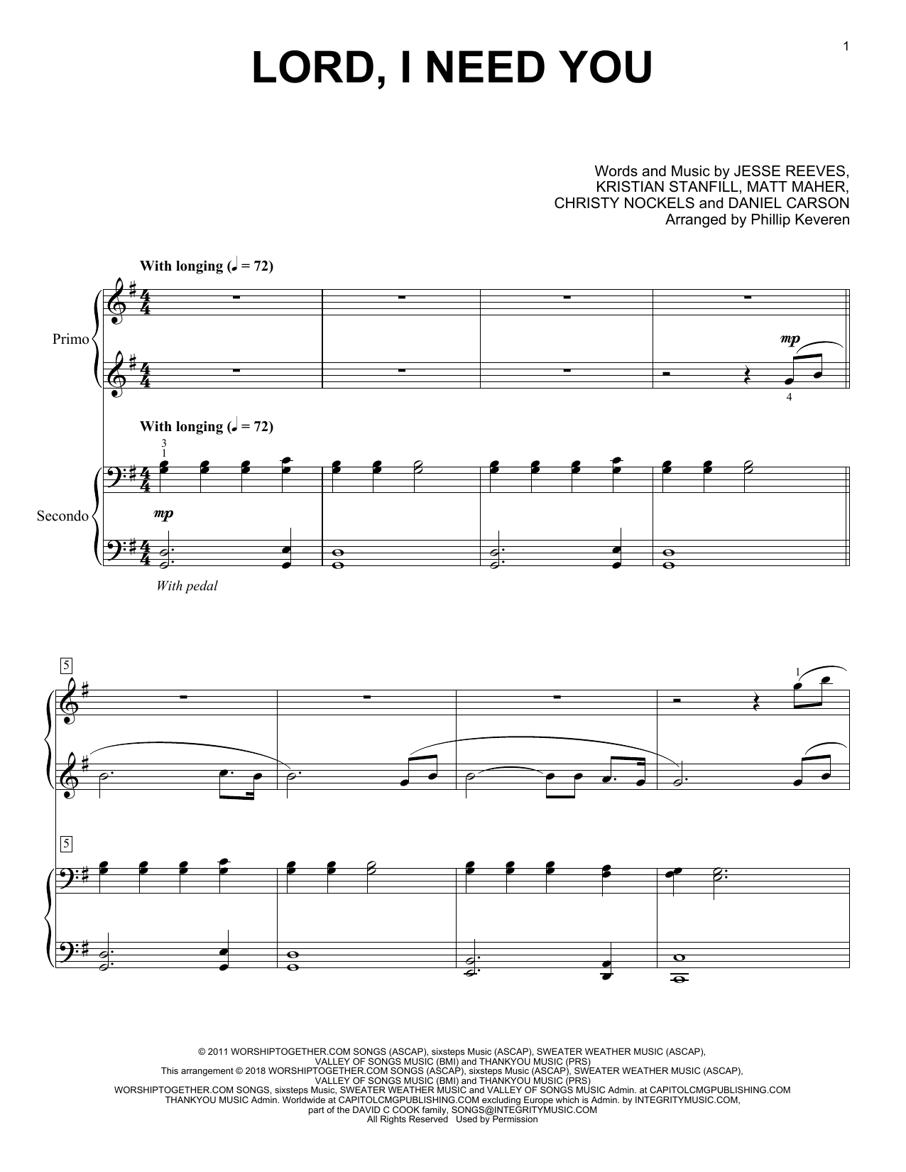 Matt Maher Lord, I Need You (arr. Phillip Keveren) sheet music notes and chords arranged for Piano Duet