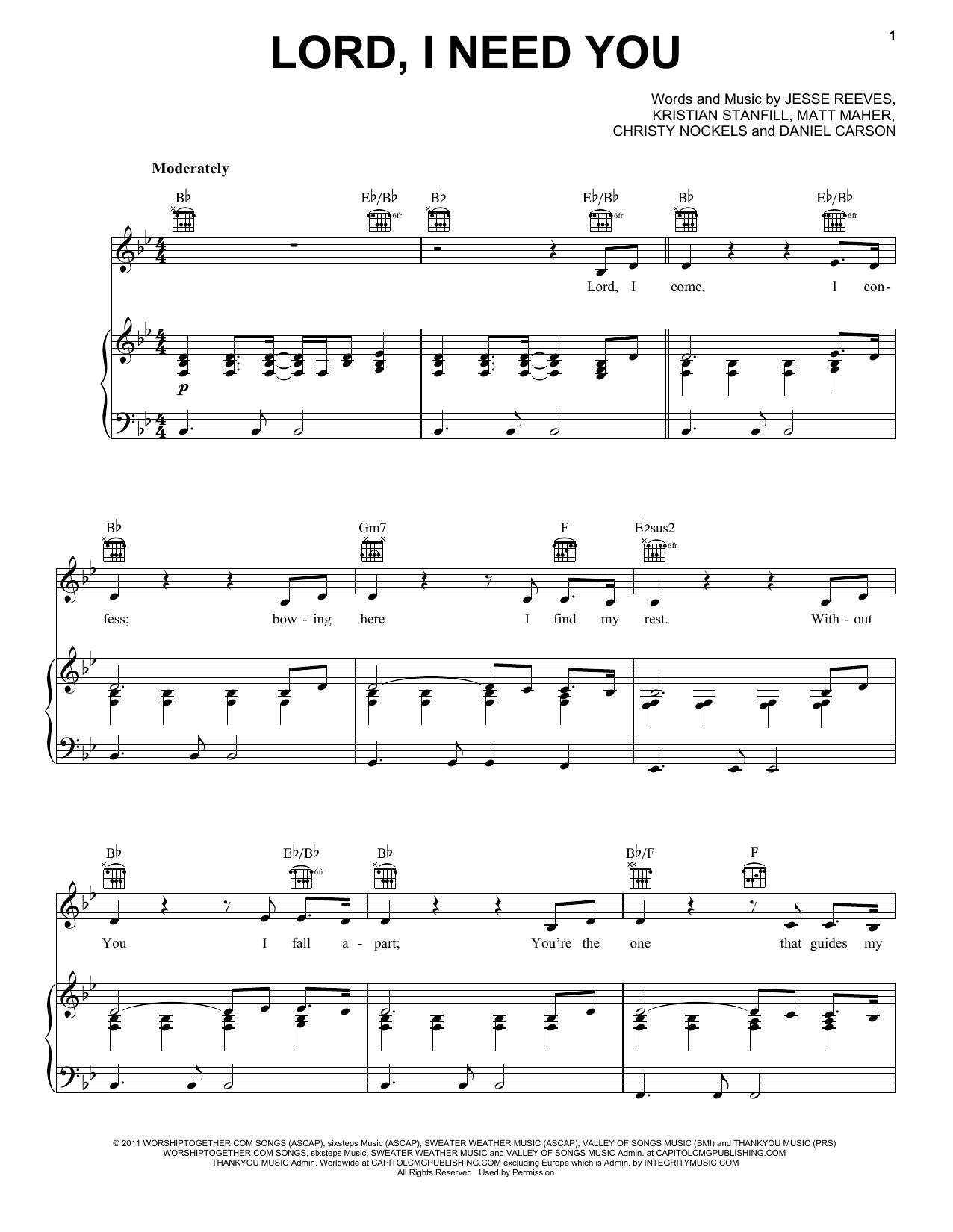Matt Maher Lord, I Need You sheet music notes and chords arranged for Piano Solo