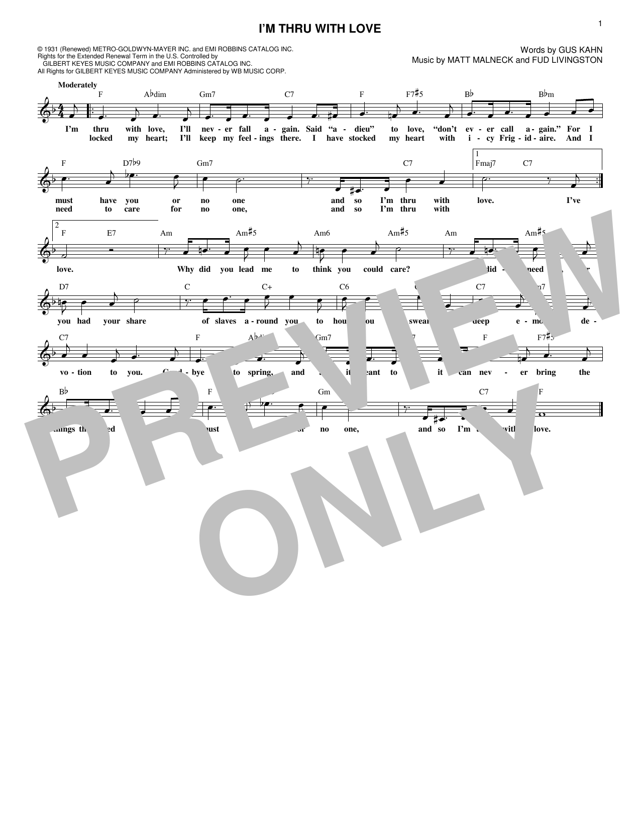 Matt Malneck I'm Thru With Love sheet music notes and chords arranged for Lead Sheet / Fake Book