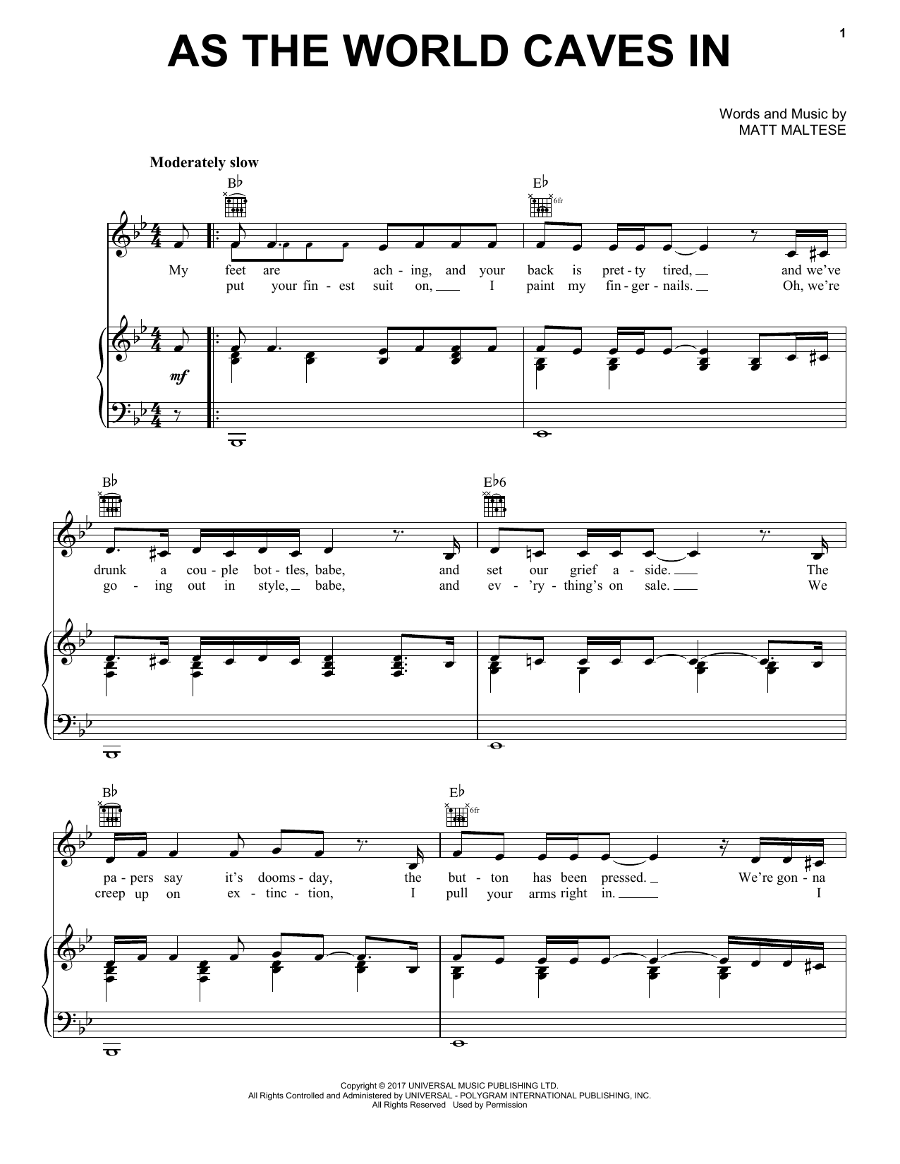 Matt Maltese As The World Caves In sheet music notes and chords arranged for Piano, Vocal & Guitar Chords (Right-Hand Melody)