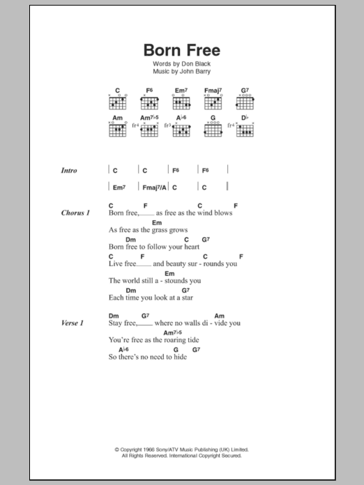 Matt Monro Born Free sheet music notes and chords arranged for Piano Chords/Lyrics