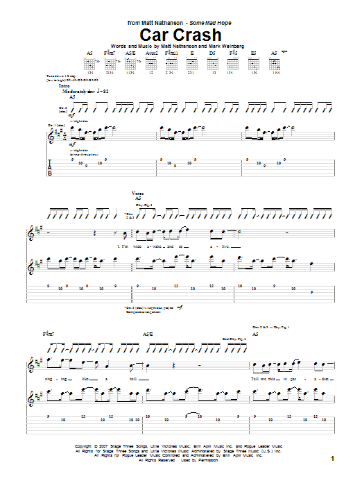 Matt Nathanson Car Crash sheet music notes and chords arranged for Guitar Tab