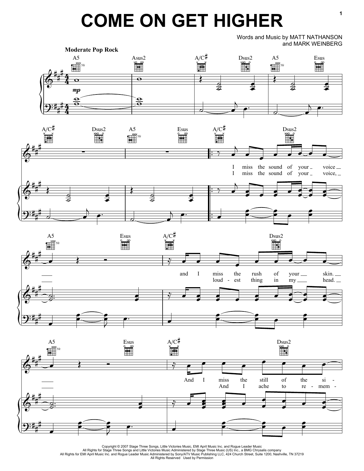 Matt Nathanson Come On Get Higher sheet music notes and chords arranged for Easy Guitar