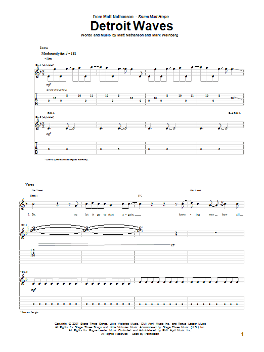 Matt Nathanson Detroit Waves sheet music notes and chords arranged for Guitar Tab