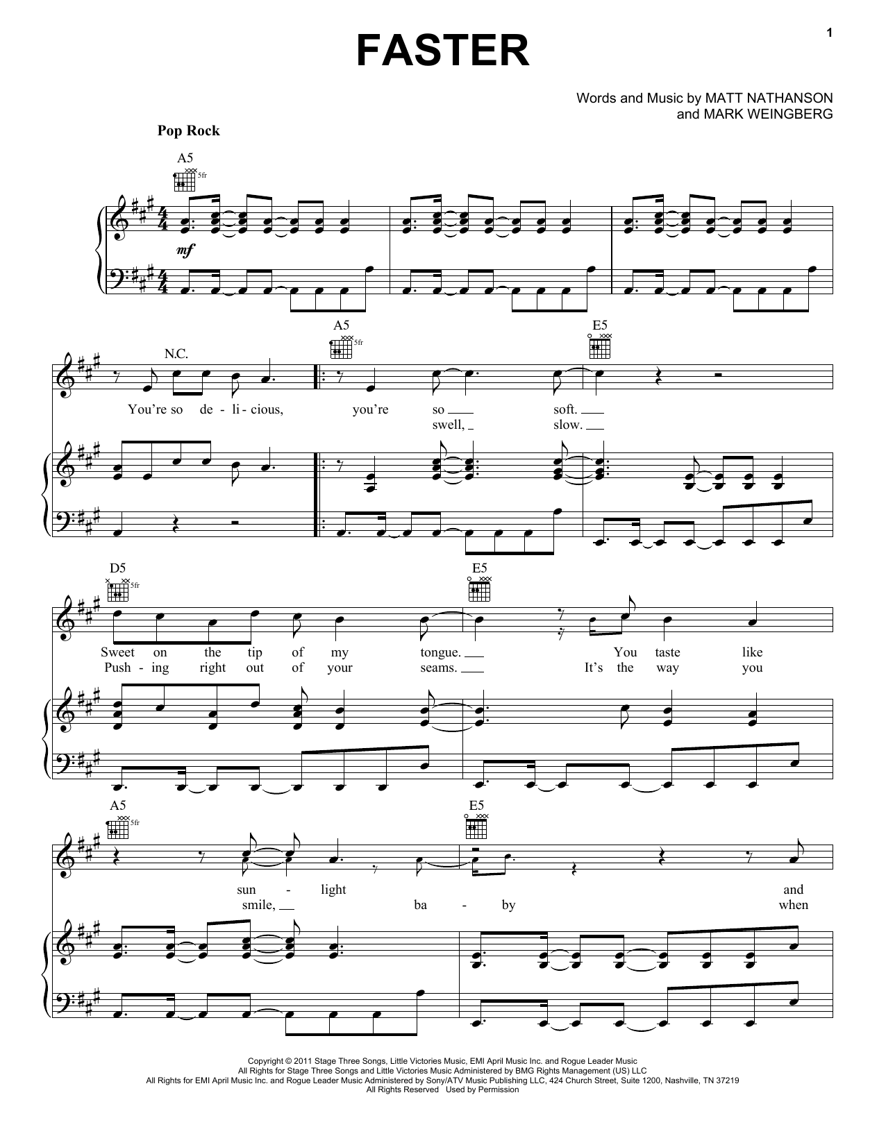 Matt Nathanson Faster sheet music notes and chords arranged for Piano, Vocal & Guitar Chords (Right-Hand Melody)
