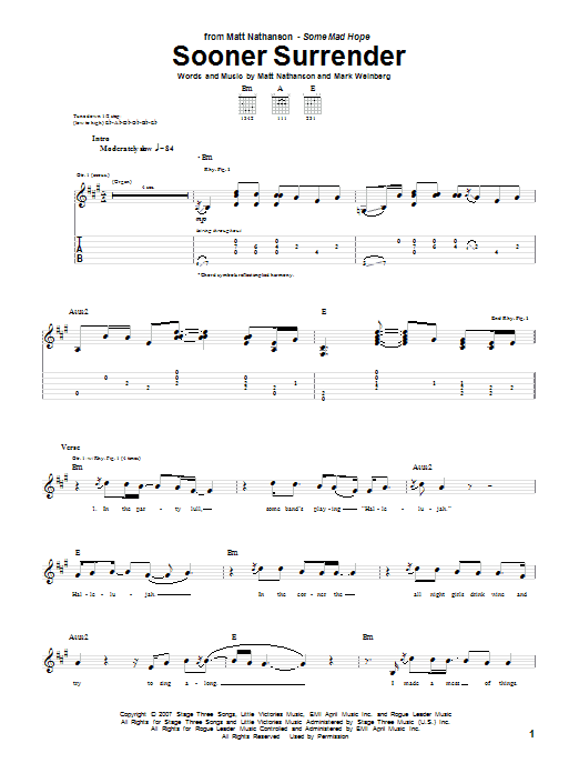 Matt Nathanson Sooner Surrender sheet music notes and chords arranged for Guitar Tab