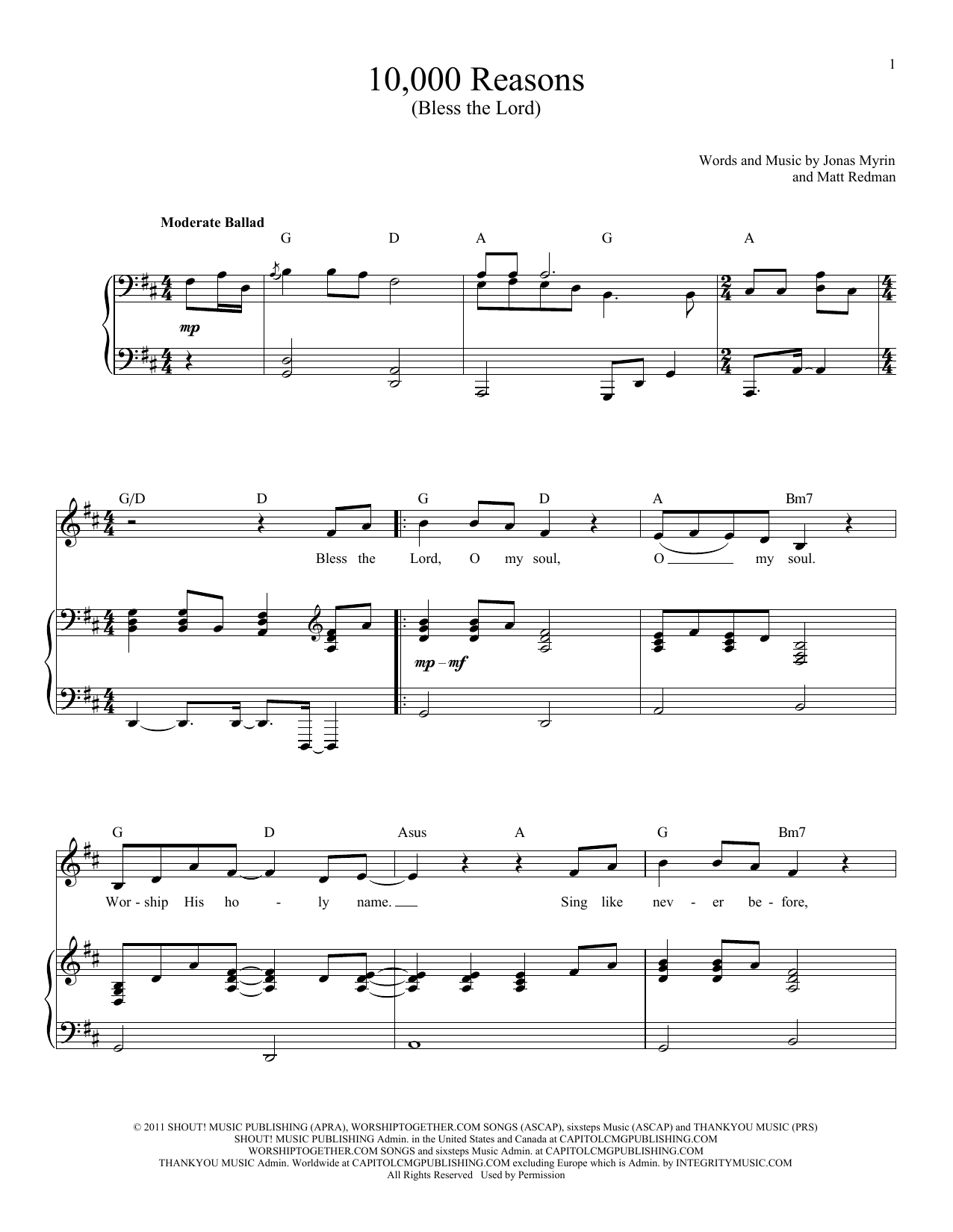Matt Redman 10,000 Reasons (Bless The Lord) sheet music notes and chords arranged for Piano & Vocal