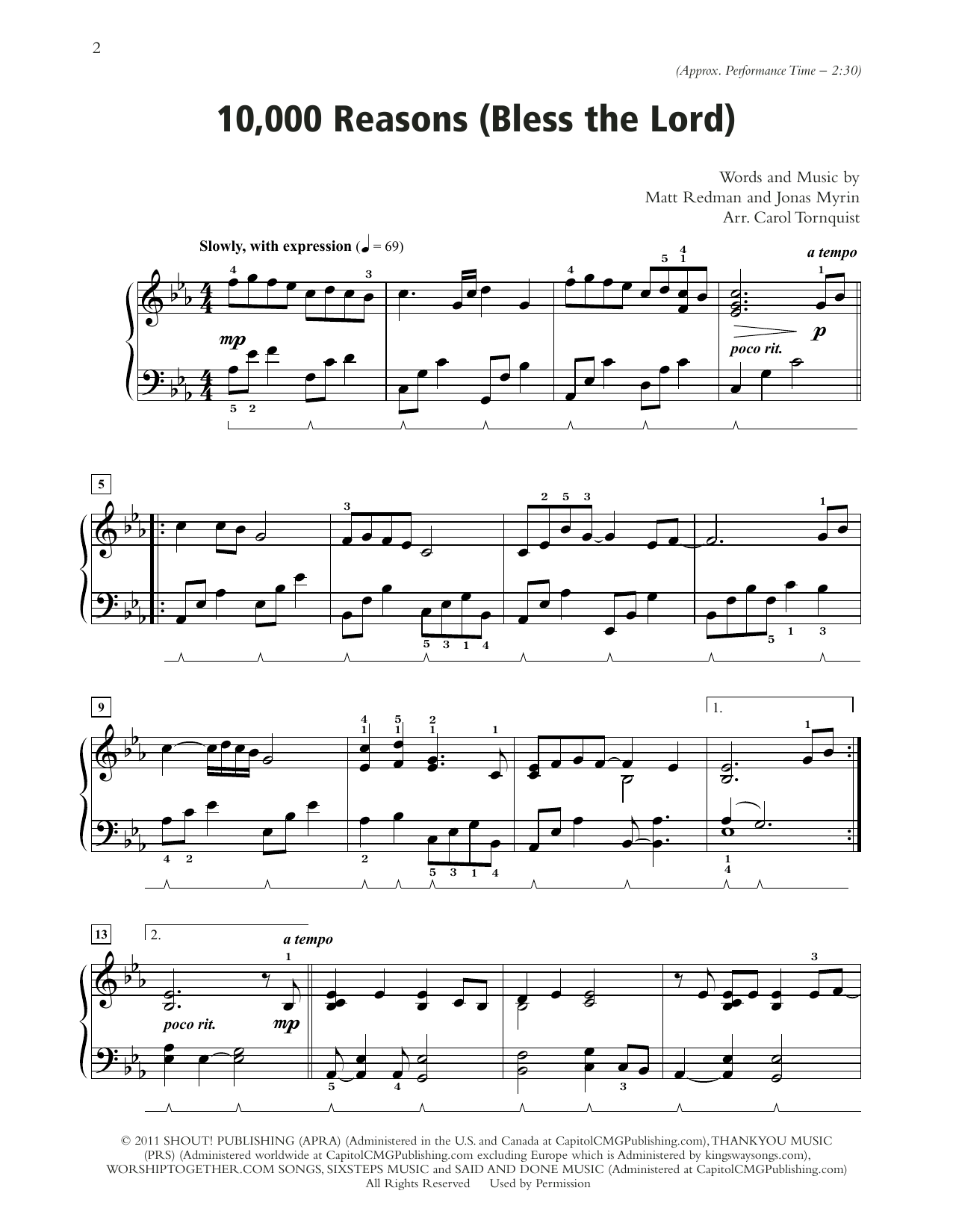 Matt Redman 10,000 Reasons (Bless The Lord) sheet music notes and chords arranged for Piano Solo