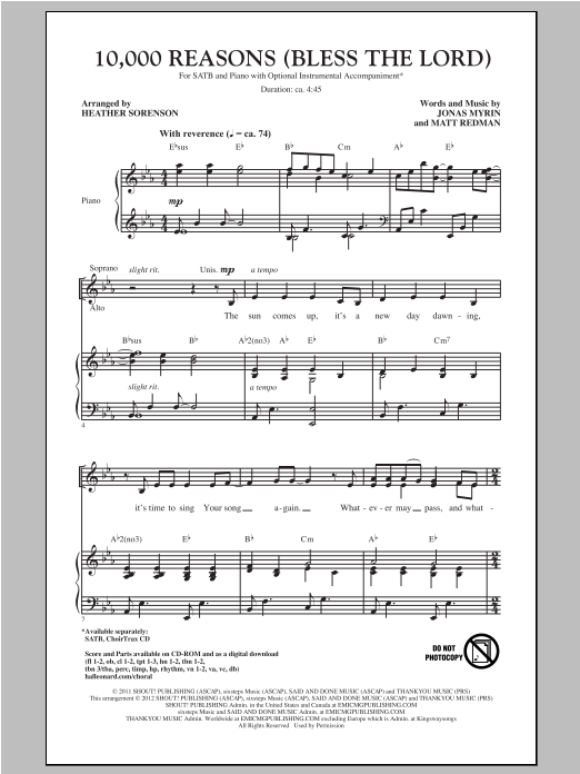 Matt Redman 10,000 Reasons (Bless The Lord) (arr. Heather Sorenson) sheet music notes and chords arranged for SATB Choir
