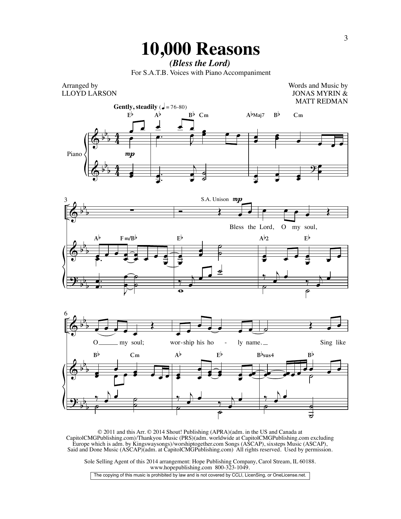 Matt Redman 10,000 Reasons (Bless the Lord) (arr. Lloyd Larson) sheet music notes and chords arranged for SAB Choir