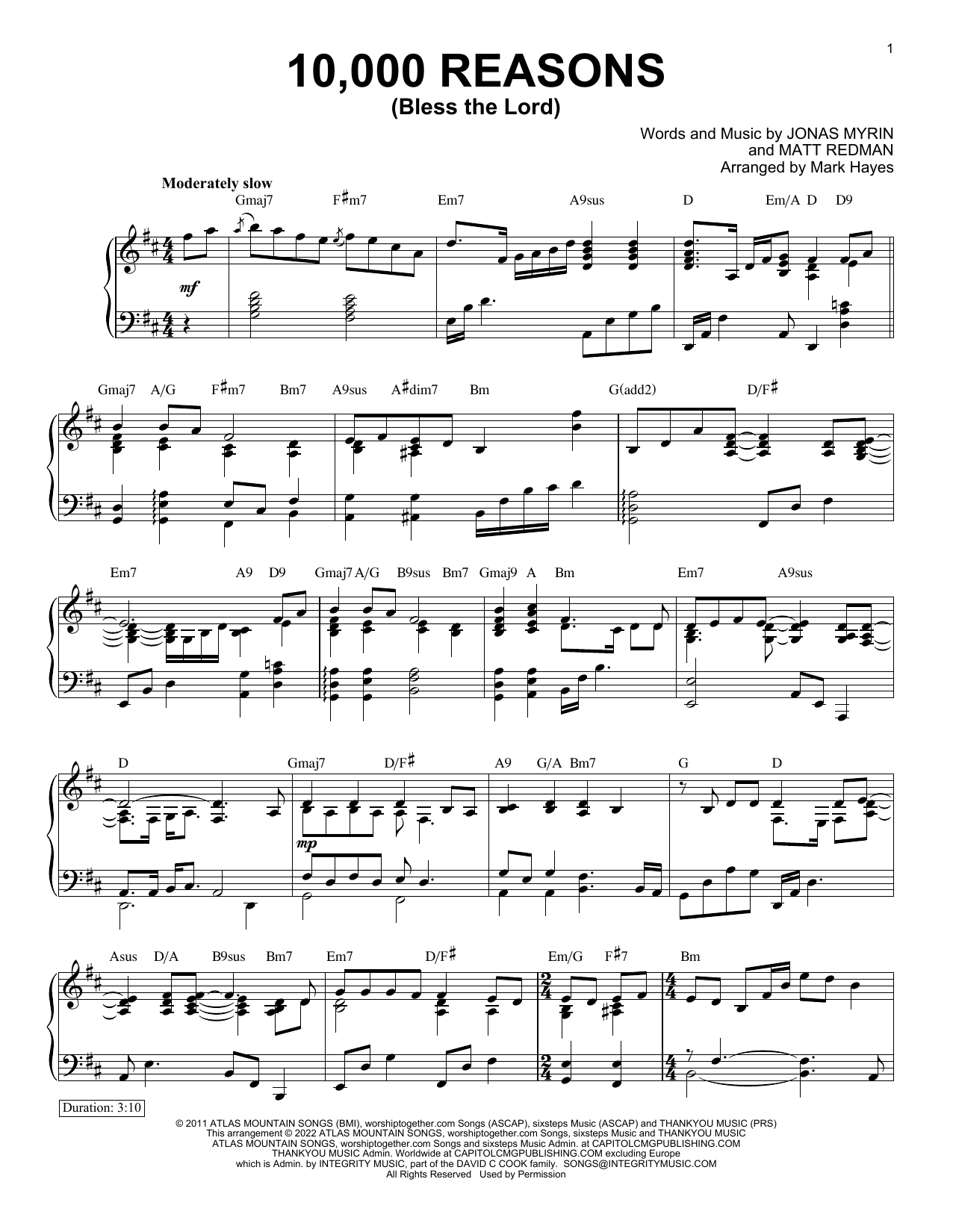 Matt Redman 10,000 Reasons (Bless The Lord) (arr. Mark Hayes) sheet music notes and chords arranged for Piano Solo