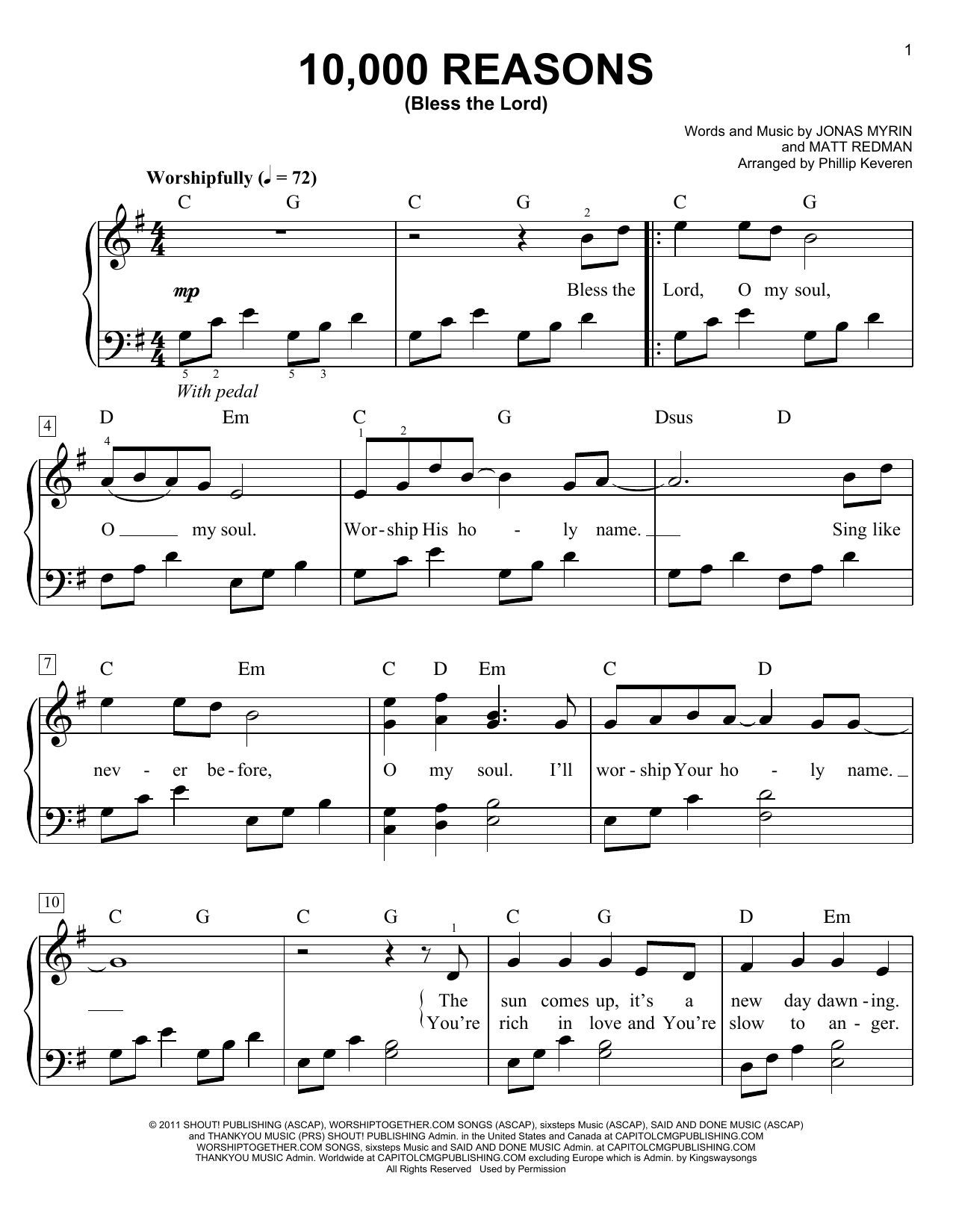 Matt Redman 10,000 Reasons (Bless The Lord) (arr. Phillip Keveren) sheet music notes and chords arranged for Piano Solo