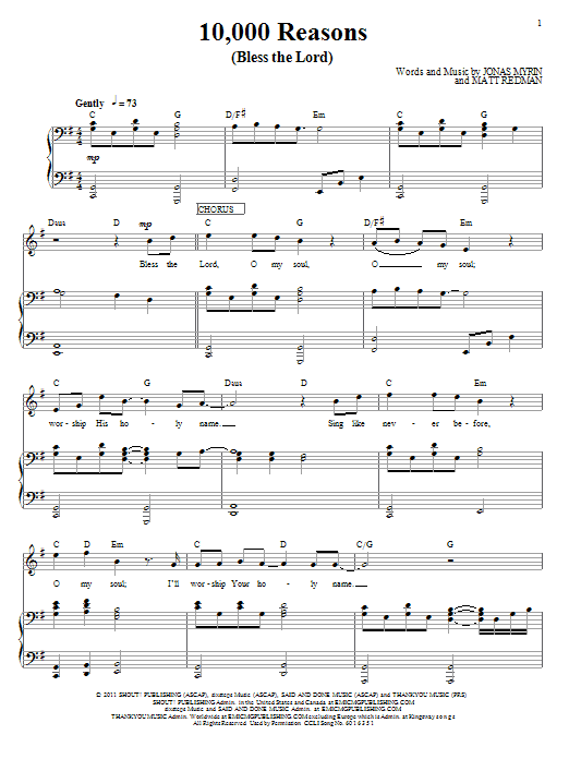 Matt Redman 10,000 Reasons (Bless The Lord) sheet music notes and chords arranged for Piano Solo
