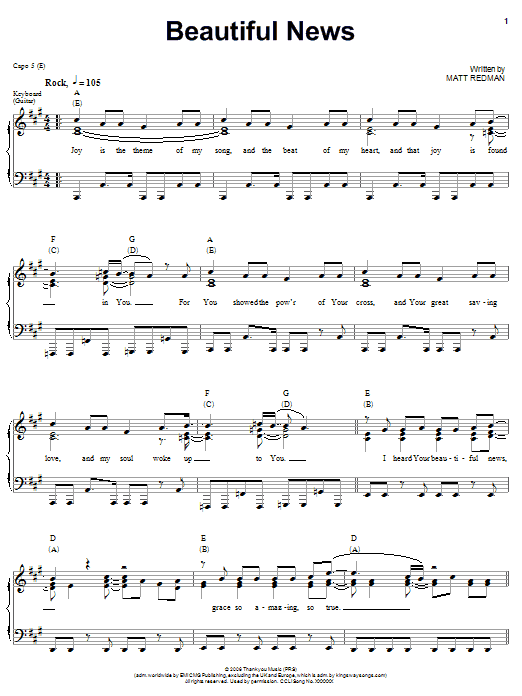 Matt Redman Beautiful News sheet music notes and chords arranged for Piano, Vocal & Guitar Chords (Right-Hand Melody)