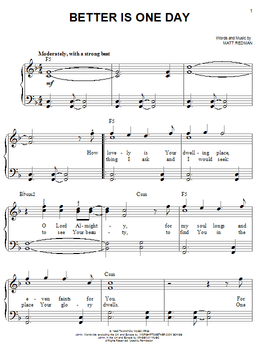 Matt Redman Better Is One Day sheet music notes and chords arranged for Big Note Piano