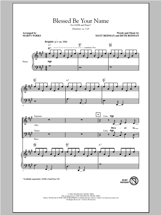 Matt Redman Blessed Be Your Name (arr. Marty Parks) sheet music notes and chords arranged for SATB Choir