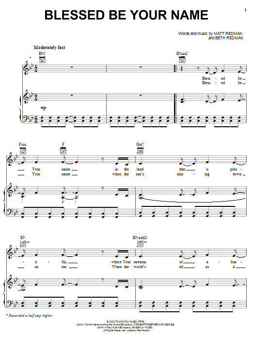 Matt Redman Blessed Be Your Name sheet music notes and chords arranged for Guitar Chords/Lyrics