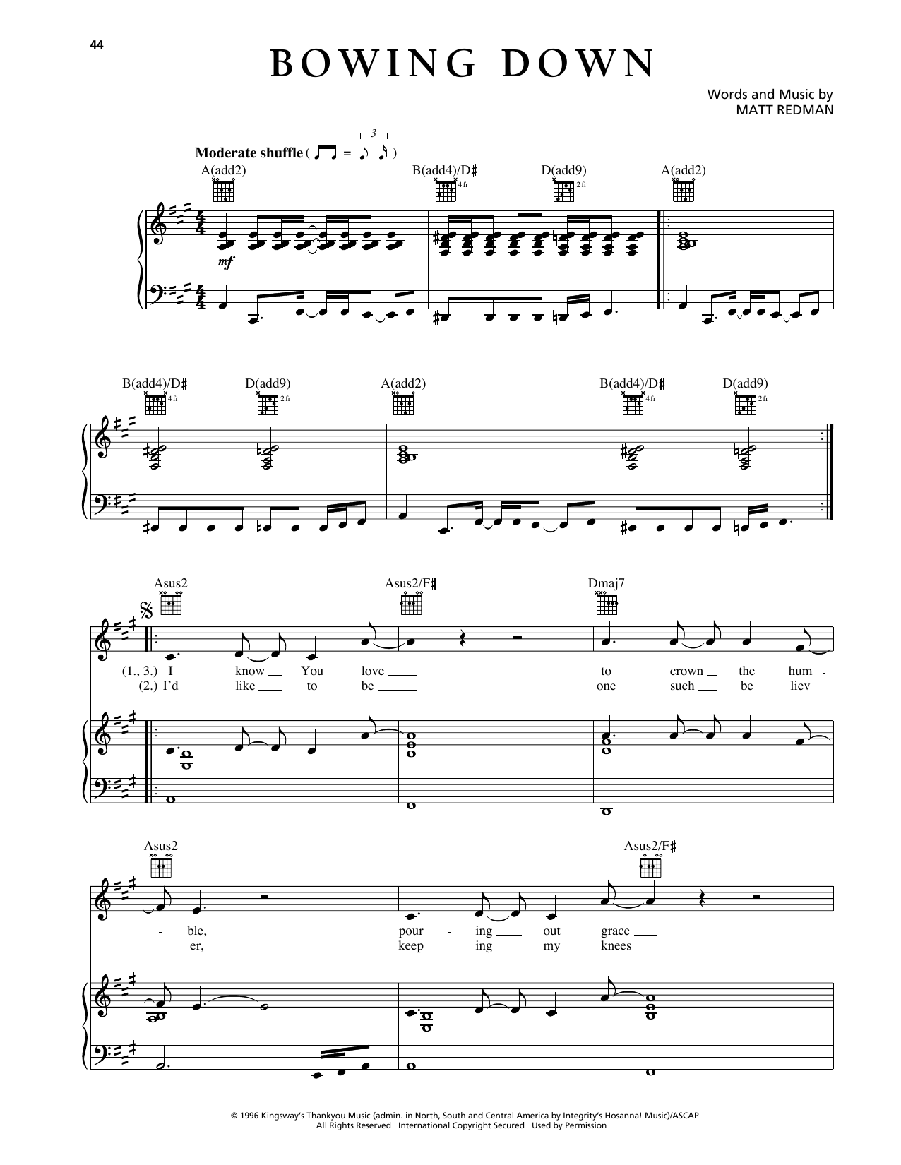 Matt Redman Bowing Down sheet music notes and chords arranged for Piano, Vocal & Guitar Chords (Right-Hand Melody)