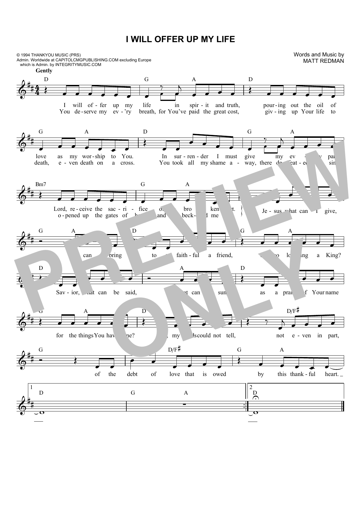 Matt Redman I Will Offer Up My Life sheet music notes and chords arranged for Lead Sheet / Fake Book