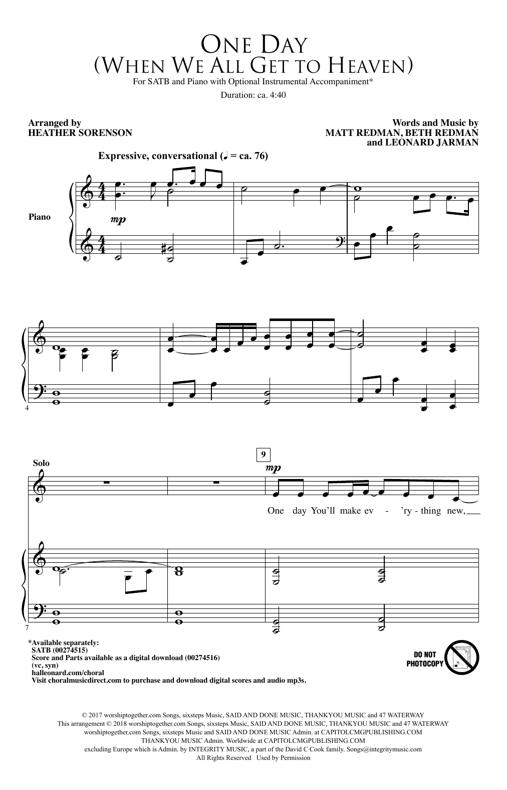 Matt Redman One Day (When We All Get To Heaven) (Arr. Heather Sorenson) sheet music notes and chords arranged for SATB Choir