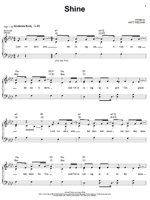 Matt Redman Shine sheet music notes and chords arranged for Piano, Vocal & Guitar Chords (Right-Hand Melody)