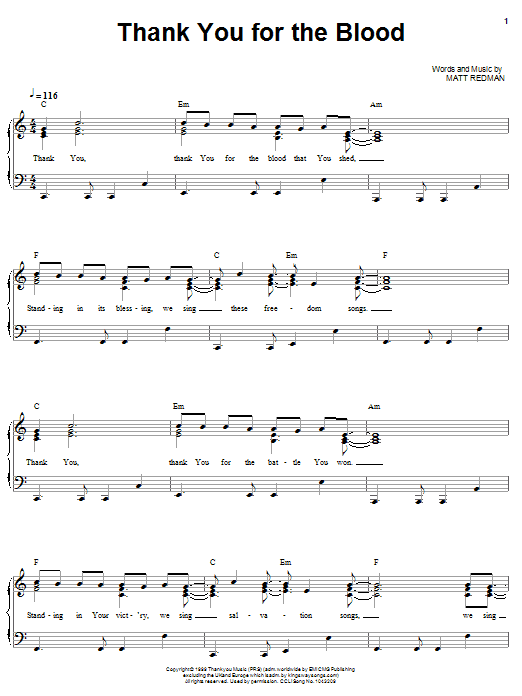 Matt Redman Thank You For The Blood sheet music notes and chords arranged for Piano, Vocal & Guitar Chords (Right-Hand Melody)