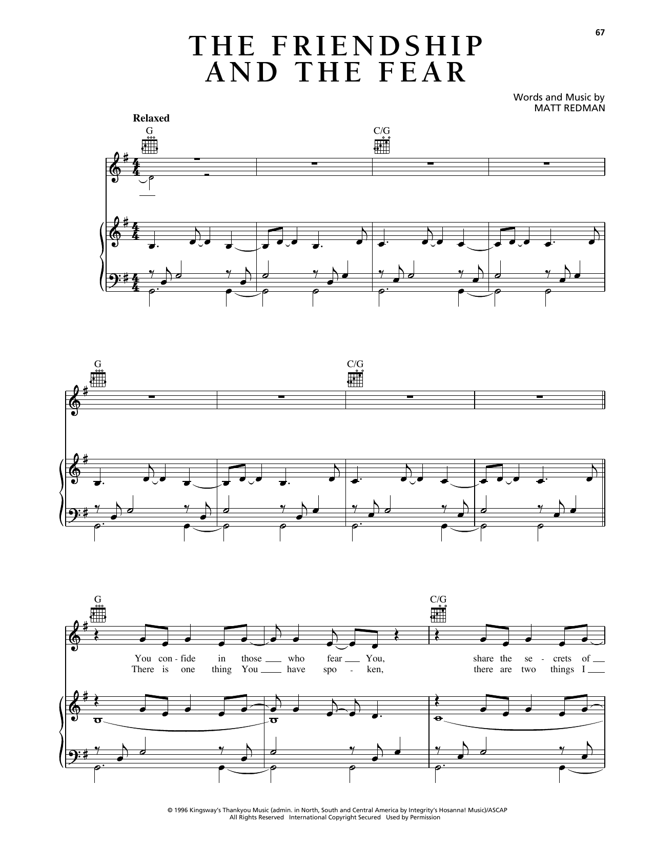 Matt Redman The Friendship And The Fear sheet music notes and chords arranged for Piano, Vocal & Guitar Chords (Right-Hand Melody)