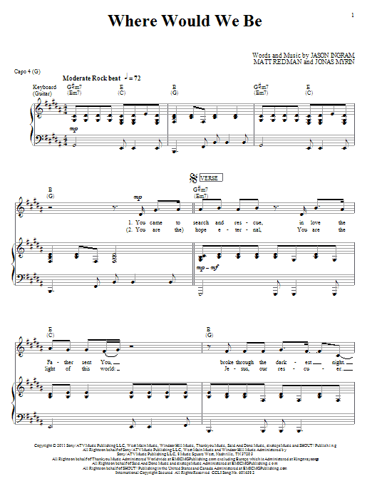 Matt Redman Where Would We Be sheet music notes and chords arranged for Piano, Vocal & Guitar Chords (Right-Hand Melody)