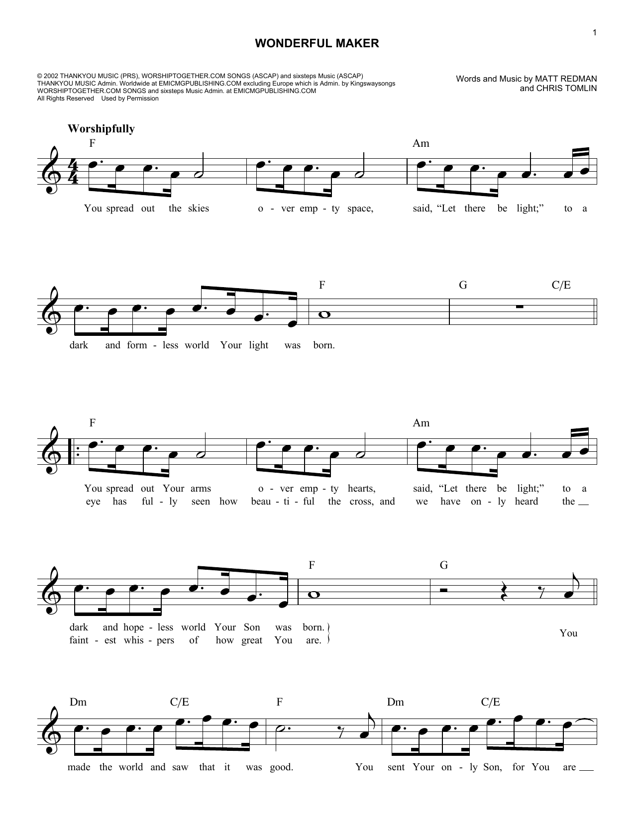 Matt Redman Wonderful Maker sheet music notes and chords arranged for Lead Sheet / Fake Book