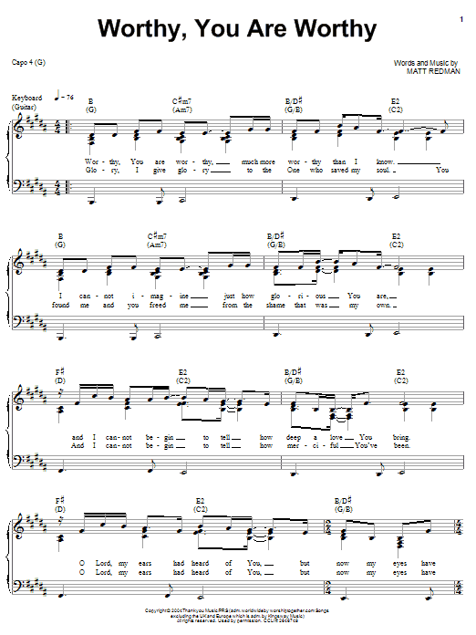 Matt Redman Worthy, You Are Worthy sheet music notes and chords arranged for Piano, Vocal & Guitar Chords (Right-Hand Melody)