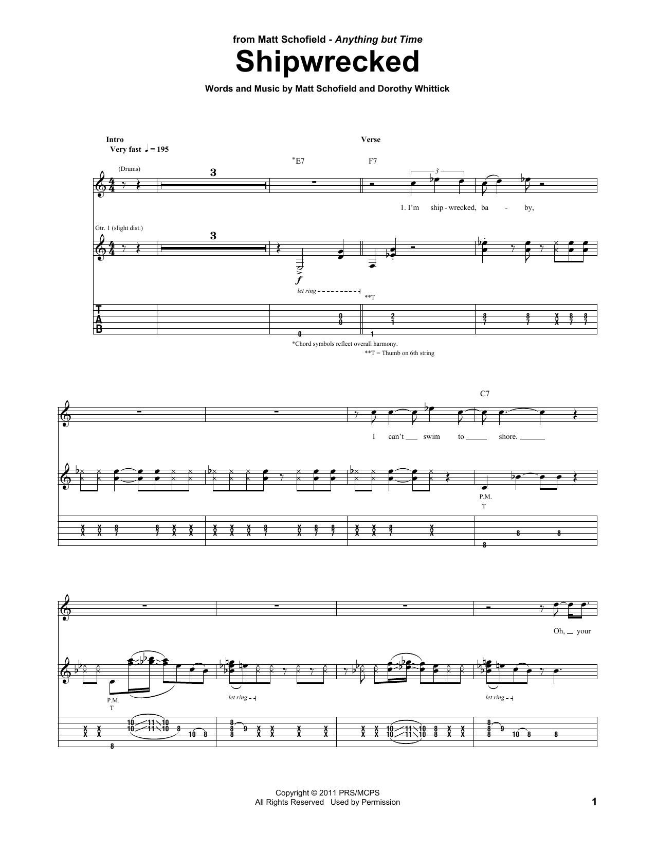 Matt Schofield Shipwrecked sheet music notes and chords arranged for Guitar Tab